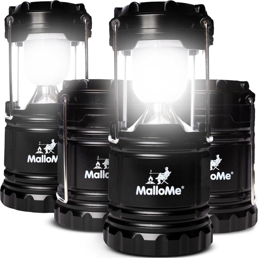 imageMalloMe Camping Lantern Multicolor 4 Pack Lanterns for Power Outages Camping Lights for Tent Hanging Camp Light Tent Lamp Emergency Battery Powered LED Lantern Rechargeable Batteries Not Included4 Black