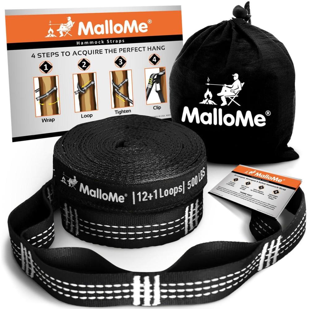 imageMalloMe XL Hammock Straps for Trees  Hammock Tree Straps Set 2000 LBS Heavy Duty 40 Loops ampamp 100 No Stretch Suspension System Kit  Camping Hammocks Accessories  2 Carabiners  12 Feet BlackBlack