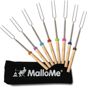 MalloMe Smores Sticks for Fire Pit Long – Marshmallow Roasting Sticks Smores Kit – Smore Skewers Hot Dog Fork Campfire Cooking Equipment, Camping Essentials S’mores Gear Outdoor Accessories 32″ 5 Pack(8 Fork Set w/ Storage Bag)