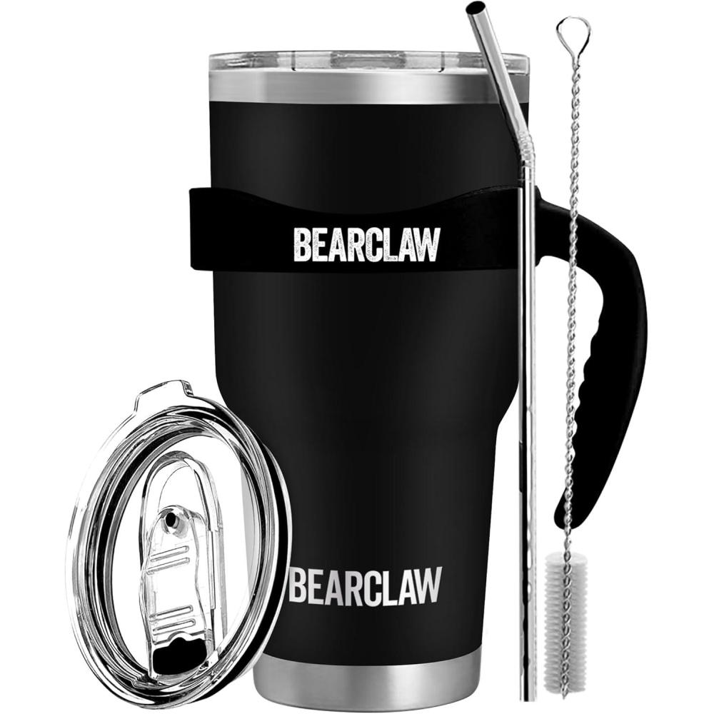 imageMalloMe BEARCLAW Insulated Tumbler With Handle ampamp Straw  Stainless Steel Tumblers Coffee Travel Mug  Reusable Insulated Cup for Water with Brush 2 Lids ampamp Straws  SplashProof 30 Oz Black
