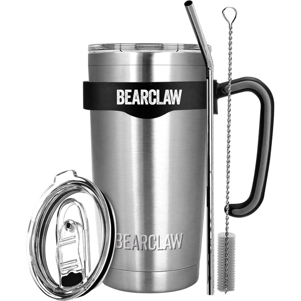 imageMalloMe BEARCLAW Insulated Tumbler With Handle ampamp Straw  Stainless Steel Tumblers Coffee Travel Mug  Reusable Insulated Cup for Water with Brush 2 Lids ampamp Straws  SplashProof 20 Oz Silver