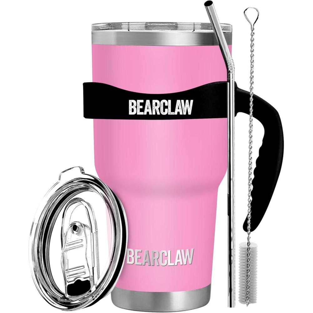 imageMalloMe BEARCLAW Insulated Tumbler With Handle ampamp Straw  Stainless Steel Tumblers Coffee Travel Mug  Reusable Insulated Cup for Water with Brush 2 Lids ampamp Straws  SplashProof 30 Oz Blossom Pink