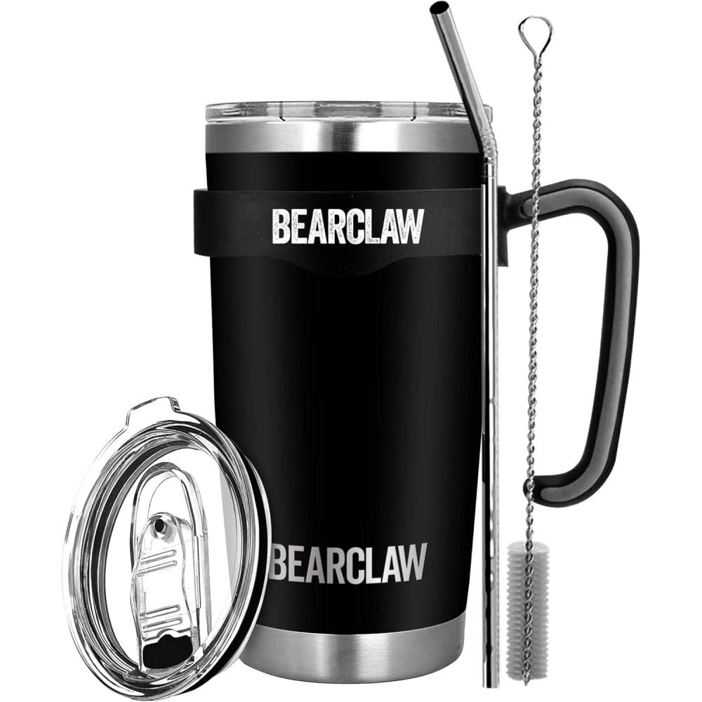 imageMalloMe BEARCLAW Insulated Tumbler With Handle ampamp Straw  Stainless Steel Tumblers Coffee Travel Mug  Reusable Insulated Cup for Water with Brush 2 Lids ampamp Straws  SplashProof 20 Oz Black