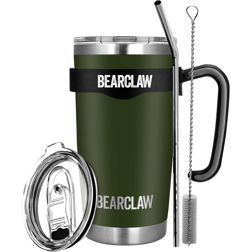 imageMalloMe BEARCLAW Insulated Tumbler With Handle ampamp Straw  Stainless Steel Tumblers Coffee Travel Mug  Reusable Insulated Cup for Water with Brush 2 Lids ampamp Straws  SplashProof 20 Oz Army Green
