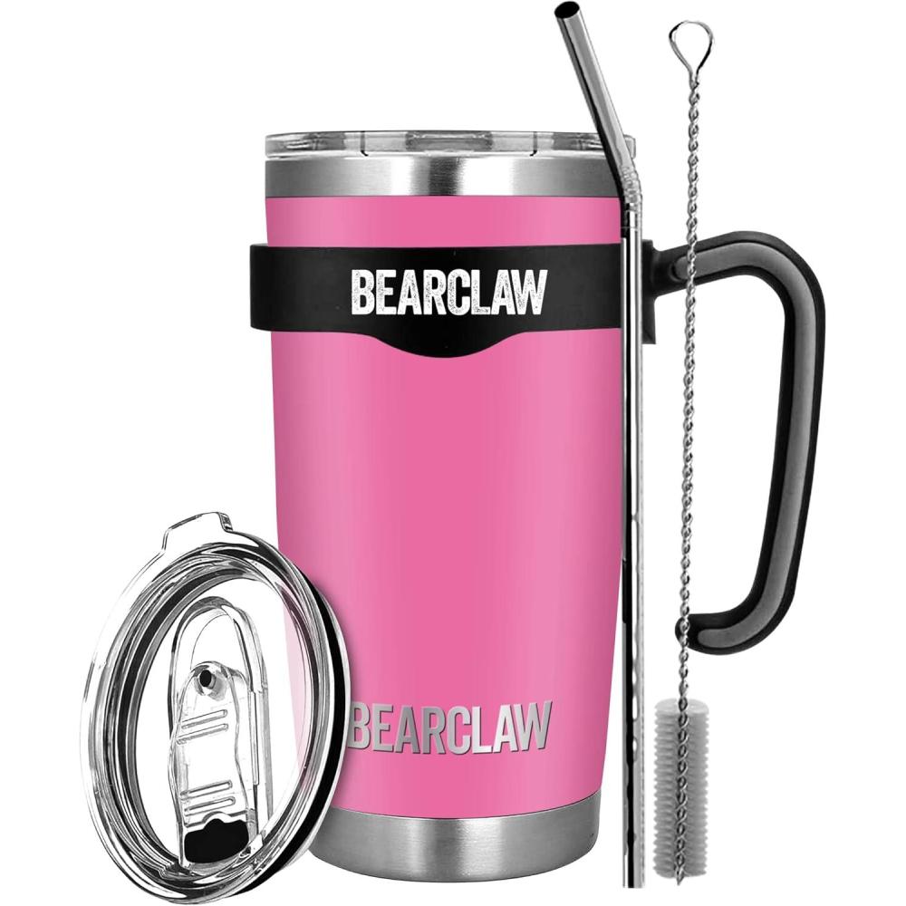imageMalloMe BEARCLAW Insulated Tumbler With Handle ampamp Straw  Stainless Steel Tumblers Coffee Travel Mug  Reusable Insulated Cup for Water with Brush 2 Lids ampamp Straws  SplashProof 20 Oz Blossom Pink