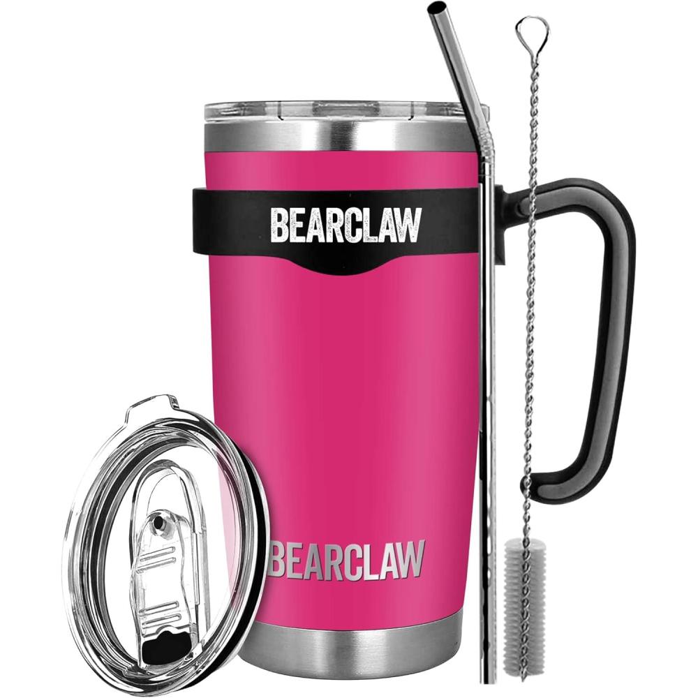 imageMalloMe BEARCLAW Insulated Tumbler With Handle ampamp Straw  Stainless Steel Tumblers Coffee Travel Mug  Reusable Insulated Cup for Water with Brush 2 Lids ampamp Straws  SplashProof 20 Oz Cupcake Pink