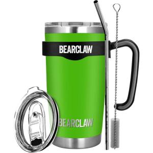 MalloMe BEARCLAW Insulated Tumbler With Handle & Straw – Stainless Steel Tumblers Coffee Travel Mug – Reusable Insulated Cup for Water with Brush, 2 Lids & Straws – Splash-Proof 20 Oz Lemongrass Green