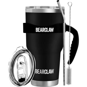 MalloMe BEARCLAW Insulated Tumbler With Handle & Straw – Stainless Steel Tumblers Coffee Travel Mug – Reusable Insulated Cup for Water with Brush, 2 Lids & Straws – Splash-Proof 30 Oz Black