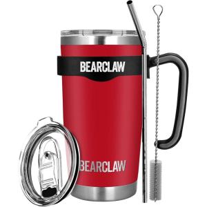 MalloMe BEARCLAW Insulated Tumbler With Handle & Straw – Stainless Steel Tumblers Coffee Travel Mug – Reusable Insulated Cup for Water with Brush, 2 Lids & Straws – Splash-Proof 20 Oz Ruby Red