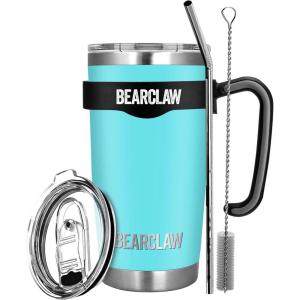 MalloMe BEARCLAW Insulated Tumbler With Handle & Straw – Stainless Steel Tumblers Coffee Travel Mug – Reusable Insulated Cup for Water with Brush, 2 Lids & Straws – Splash-Proof 20 Oz Aquamarine Blue