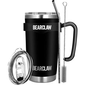 MalloMe BEARCLAW Insulated Tumbler With Handle & Straw – Stainless Steel Tumblers Coffee Travel Mug – Reusable Insulated Cup for Water with Brush, 2 Lids & Straws – Splash-Proof 20 Oz Black