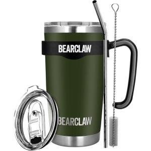 MalloMe BEARCLAW Insulated Tumbler With Handle & Straw – Stainless Steel Tumblers Coffee Travel Mug – Reusable Insulated Cup for Water with Brush, 2 Lids & Straws – Splash-Proof 20 Oz Army Green