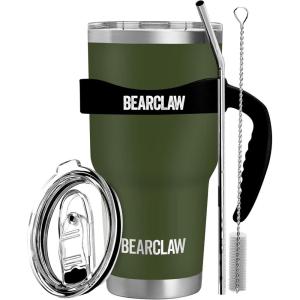 MalloMe BEARCLAW Insulated Tumbler With Handle & Straw – Stainless Steel Tumblers Coffee Travel Mug – Reusable Insulated Cup for Water with Brush, 2 Lids & Straws – Splash-Proof 30 Oz Army Green