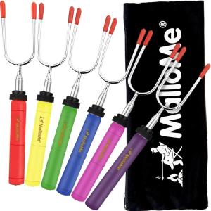 MalloMe Smores Sticks for Fire Pit-Rotating 34 inch Marshmallow Roasting Sticks Smores Kit Outdoor -Accessories for Campfire- Smore Skewers Hot Dog Fork, Camping Essentials Bonfire Gear Long (10 Pack)(Set of 6)