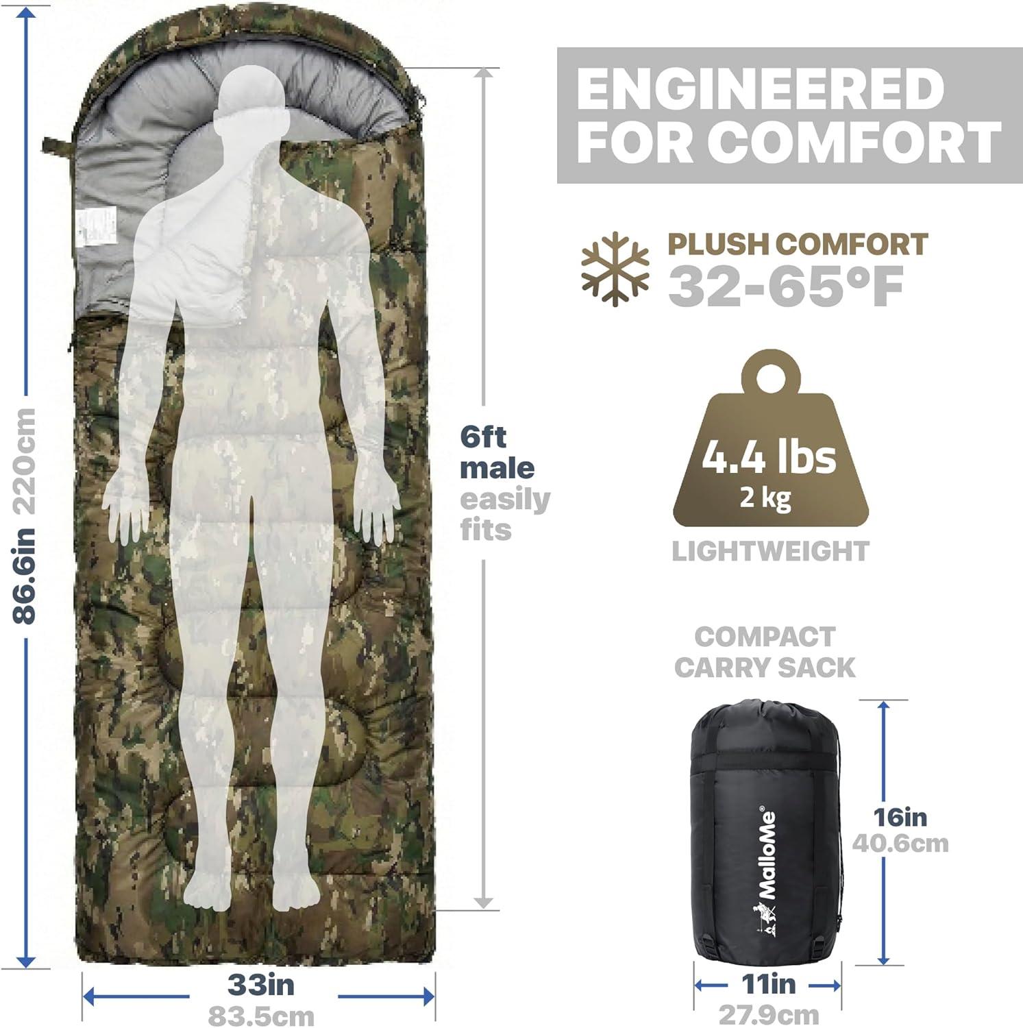 image:imageMalloMe Sleeping Bags for Adults Cold Weather amp Warm Backpacking Camping Sleeping Bag for Kids 1012 Girls Boys Lightweight Compact Camping Essentials Gear Accessories Hiking Sleep Must HavesWoodland Camo