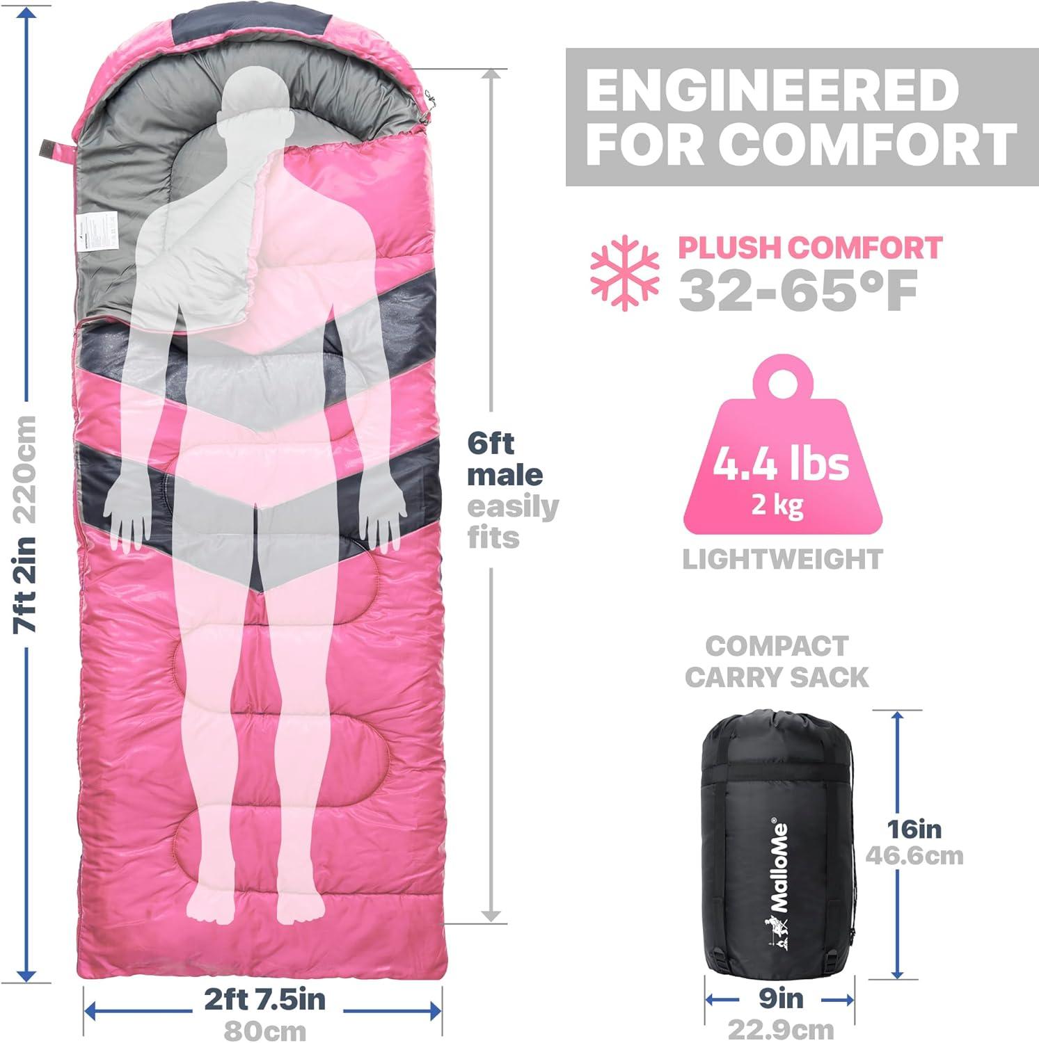 image:imageMalloMe Sleeping Bags for Adults Cold Weather amp Warm Backpacking Camping Sleeping Bag for Kids 1012 Girls Boys Lightweight Compact Camping Essentials Gear Accessories Hiking Sleep Must HavesBlossom Pink