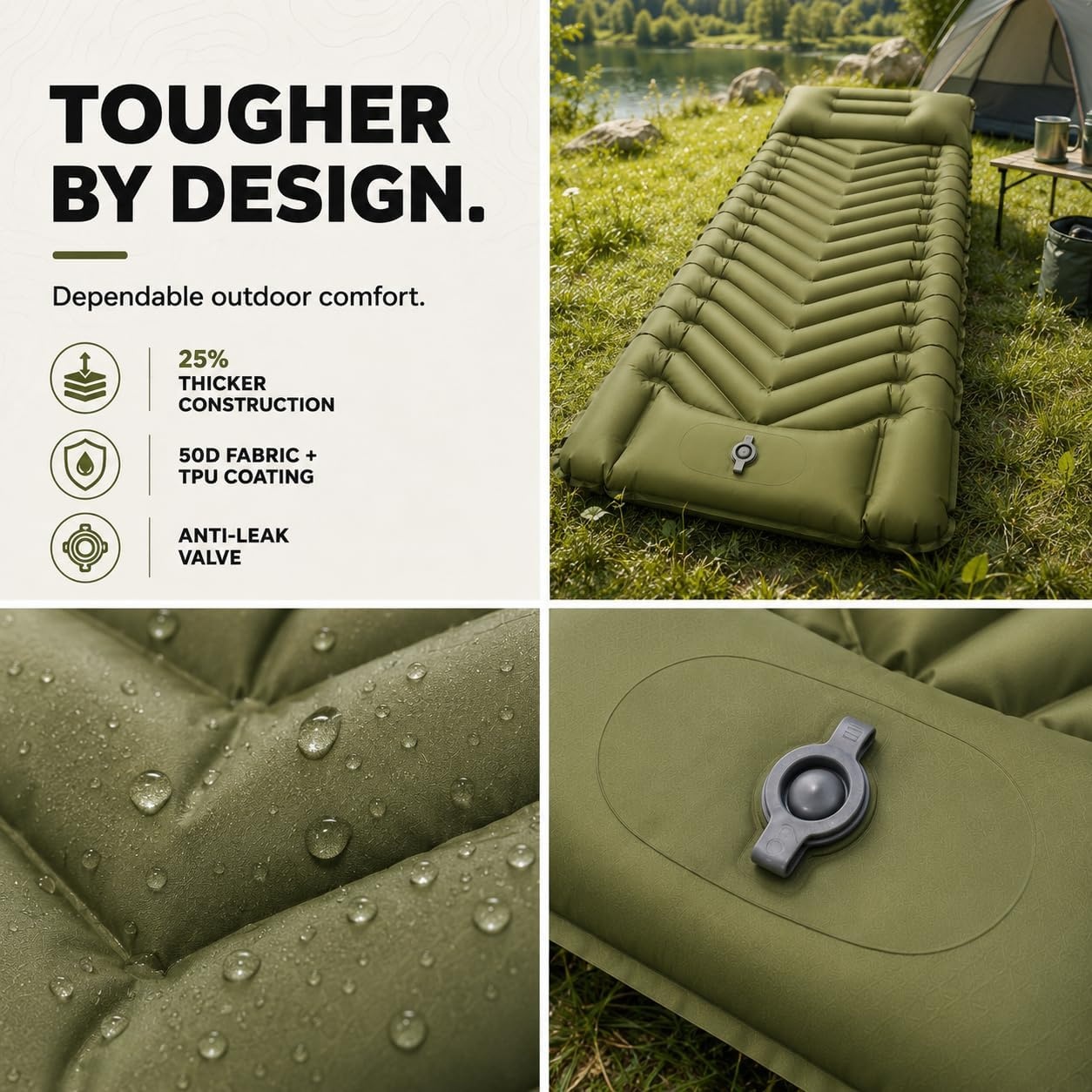 image:imageMalloMe Camping Mattress Sleeping Pad for Camping Bed for Outdoors SelfInflating Air Mattress for Backpacking LeakResistant Inflatable Travel Mat wFoot Pump Compact Ultralight Single amp DoubleGreen