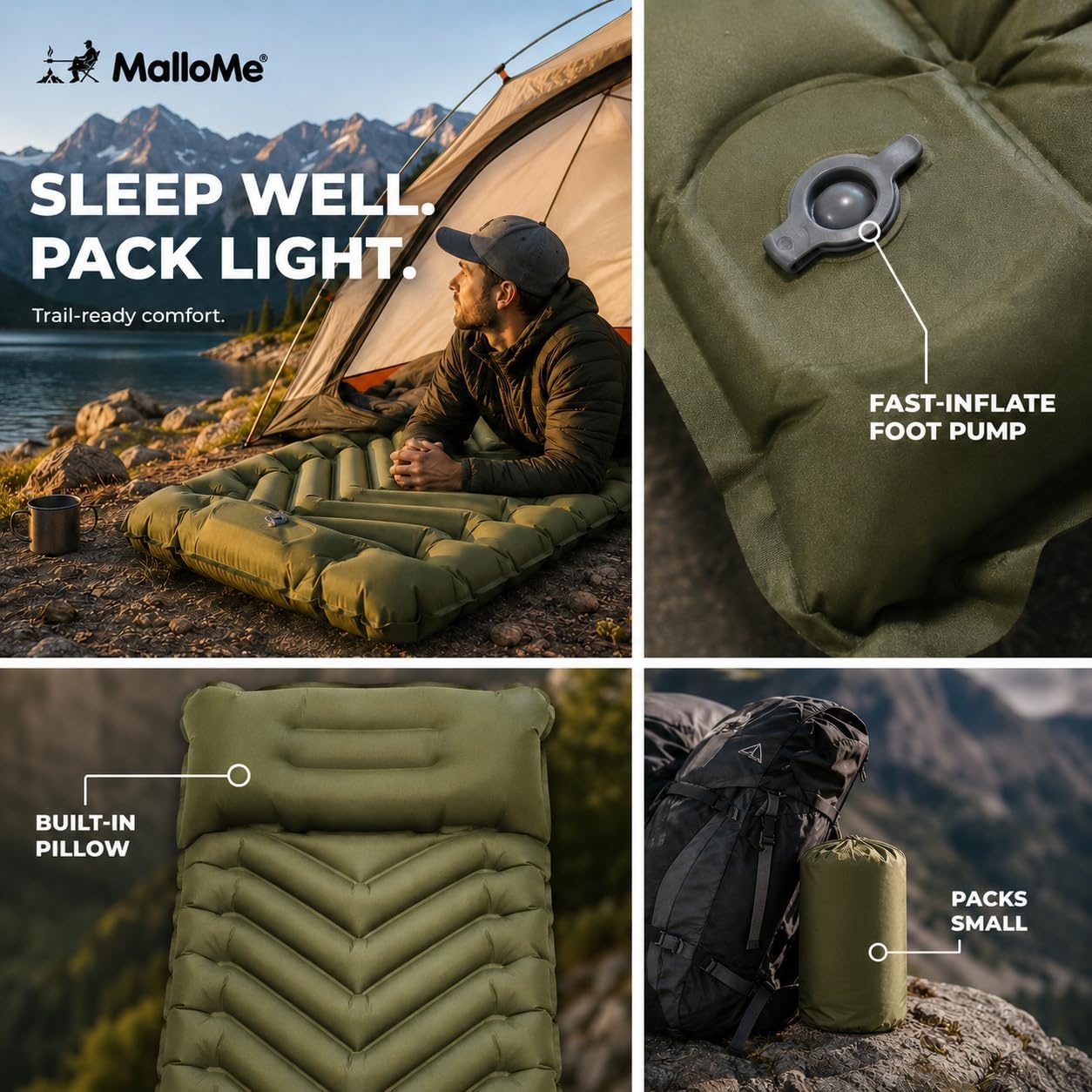 image:imageMalloMe Camping Mattress Sleeping Pad for Camping Bed for Outdoors SelfInflating Air Mattress for Backpacking LeakResistant Inflatable Travel Mat wFoot Pump Compact Ultralight Single amp DoubleGreen