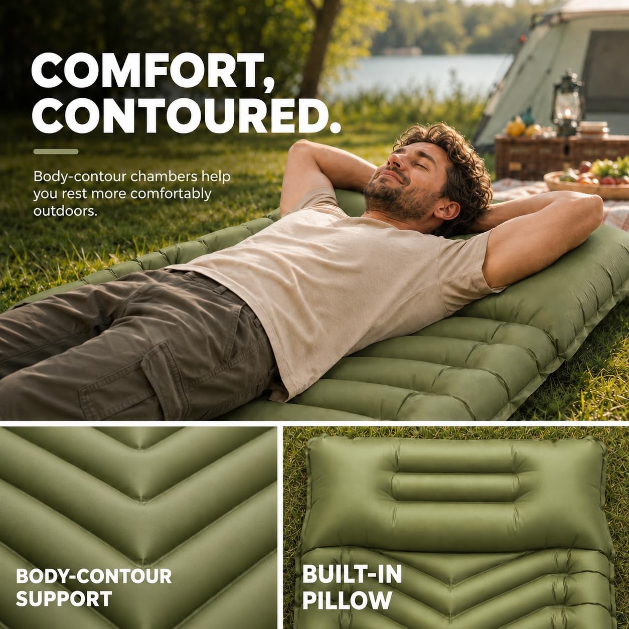 image:imageMalloMe Camping Mattress Sleeping Pad for Camping Bed for Outdoors SelfInflating Air Mattress for Backpacking LeakResistant Inflatable Travel Mat wFoot Pump Compact Ultralight Single amp DoubleGreen