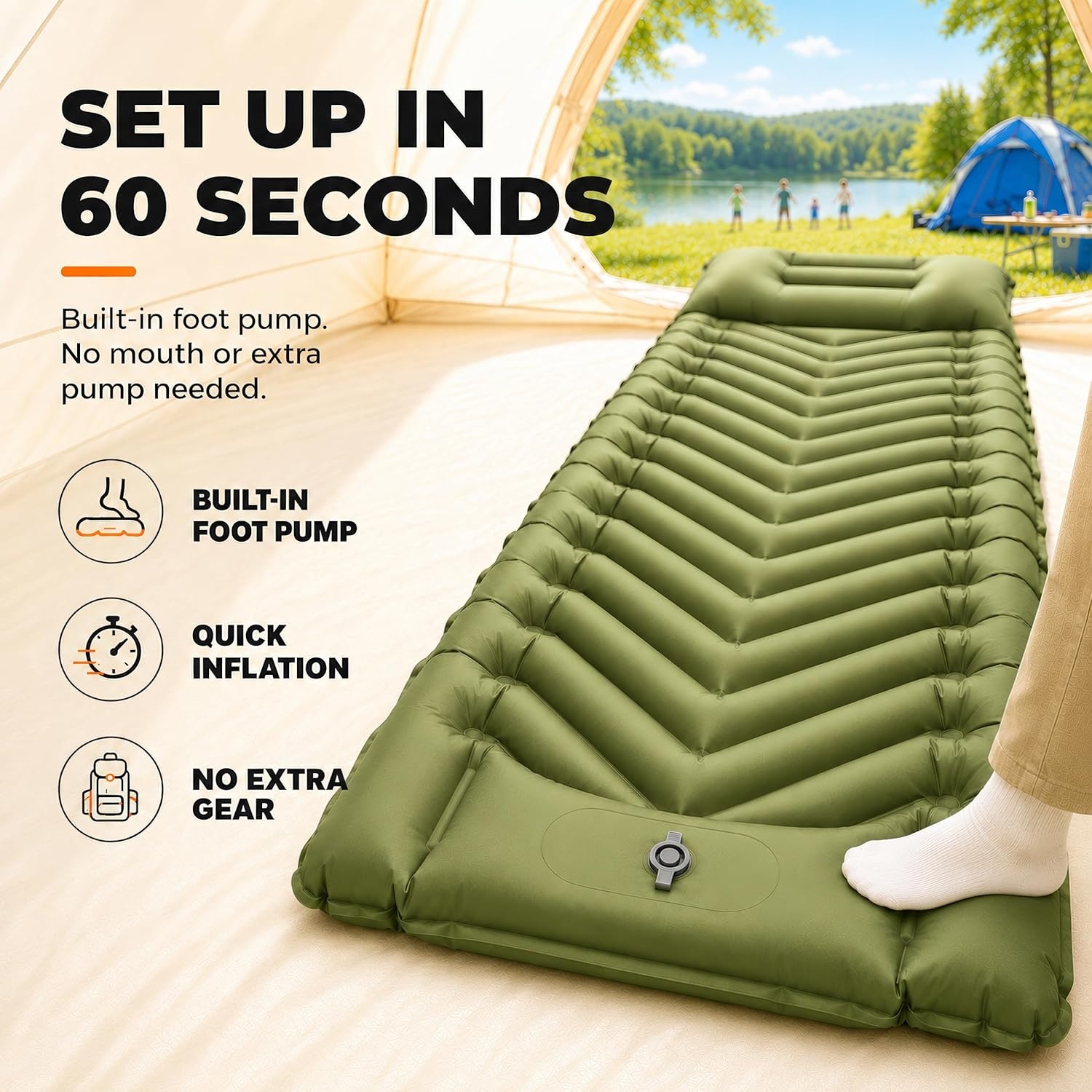 image:imageMalloMe Camping Mattress Sleeping Pad for Camping Bed for Outdoors SelfInflating Air Mattress for Backpacking LeakResistant Inflatable Travel Mat wFoot Pump Compact Ultralight Single amp DoubleGreen