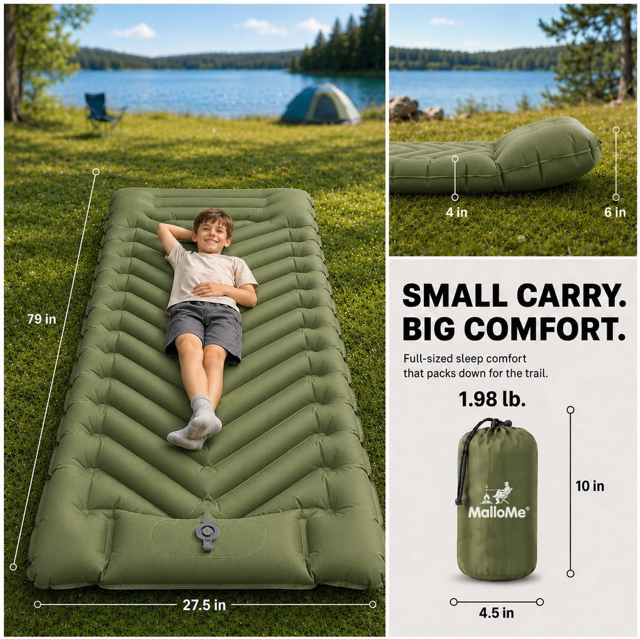 image:imageMalloMe Camping Mattress Sleeping Pad for Camping Bed for Outdoors SelfInflating Air Mattress for Backpacking LeakResistant Inflatable Travel Mat wFoot Pump Compact Ultralight Single amp DoubleGreen